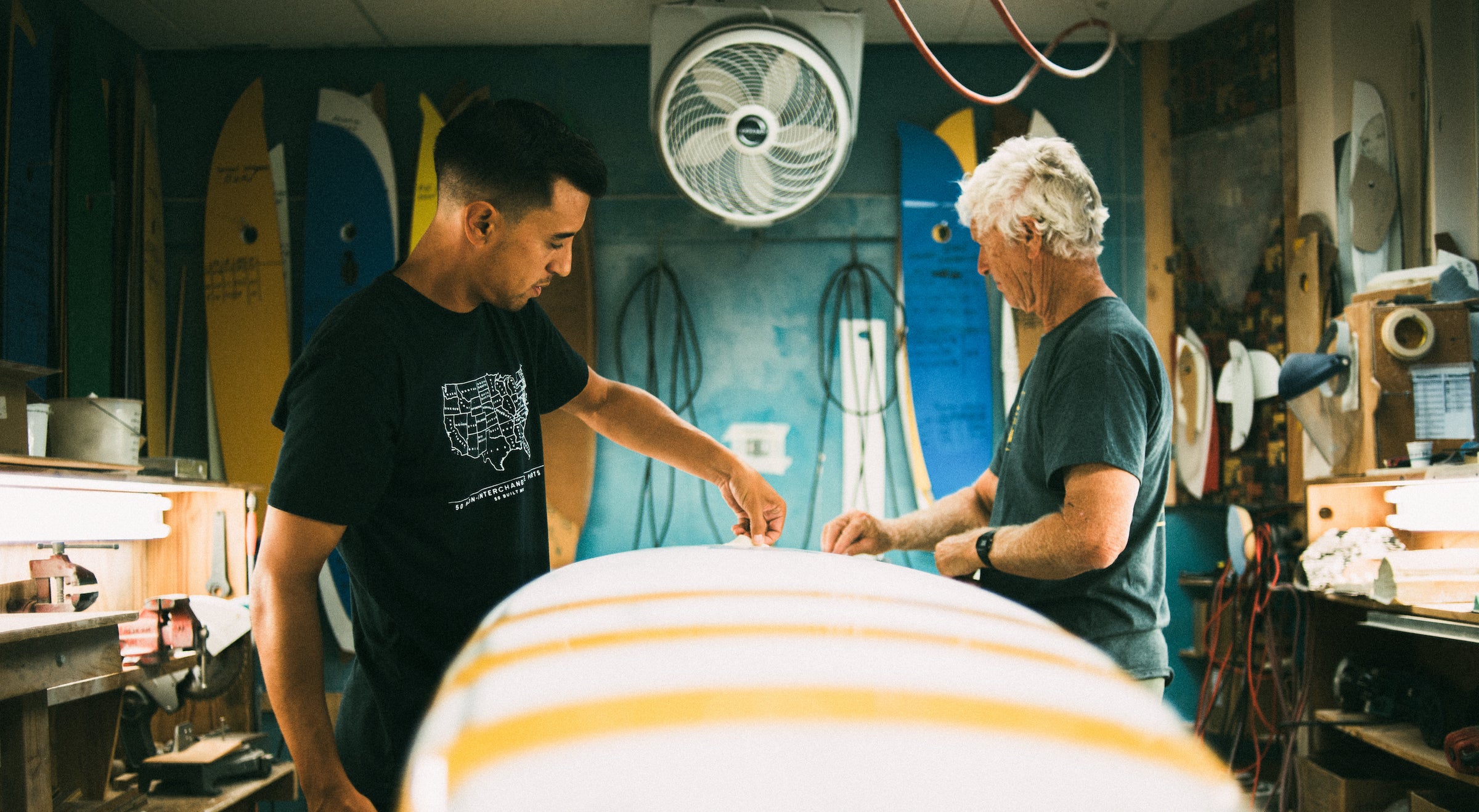 Father and son Steve and Dave Boehne shape surfboards in Dana Point, California